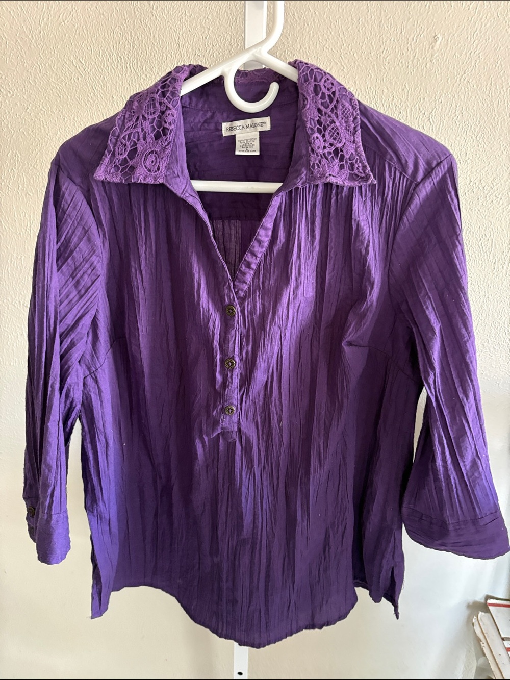 Rebecca Malone Purple Button-Front Blouse with Lace Collar Size Large